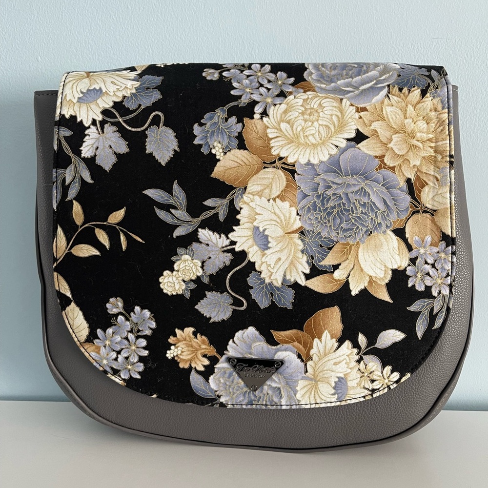 Black and Gray Crossbody Bag with Floral Design